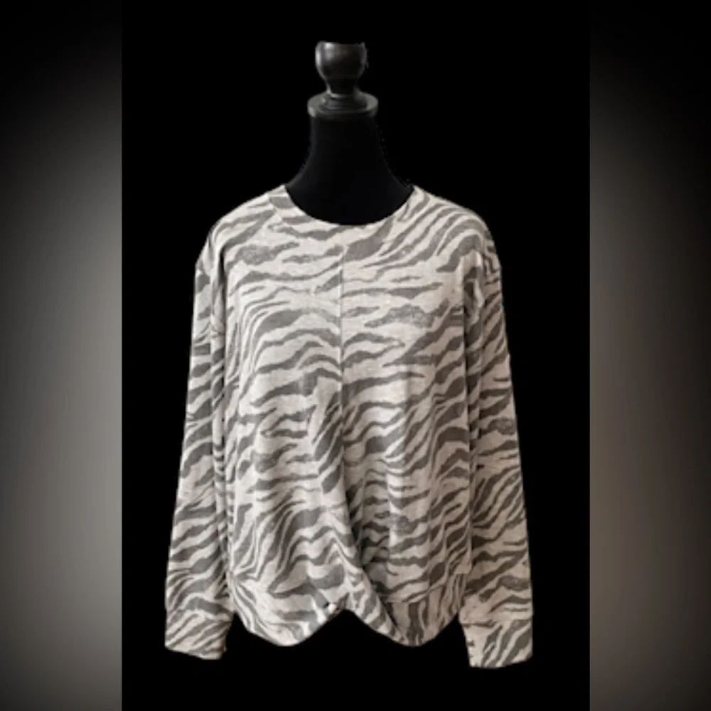 Knox Rose: Gray Zebra Print Sweatshirt with Twist Front